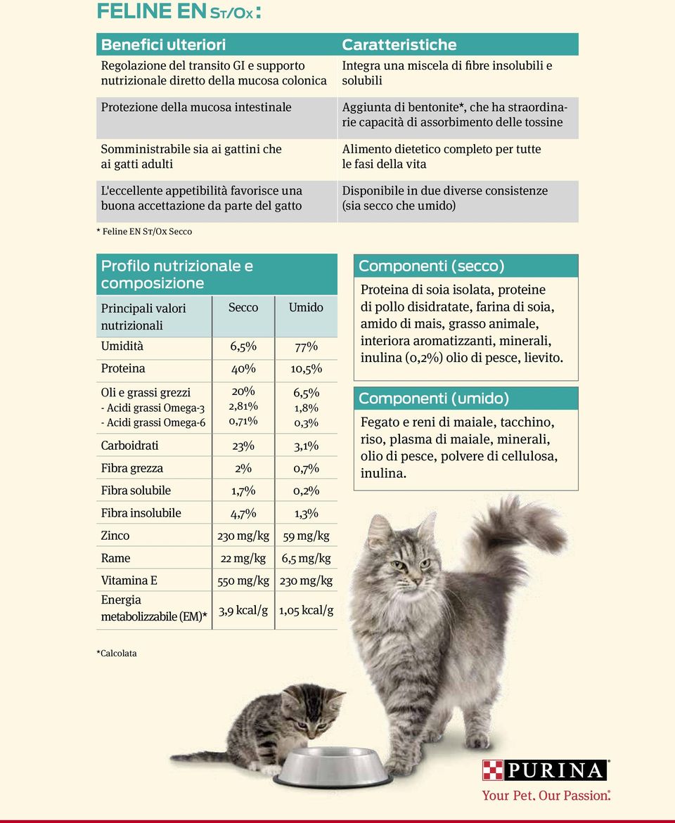 capacità di assorbimento delle tossine Alimento dietetico completo per tutte le fasi della vita Disponibile in due diverse consistenze (sia secco che umido) * Feline EN St/Ox Secco Profilo