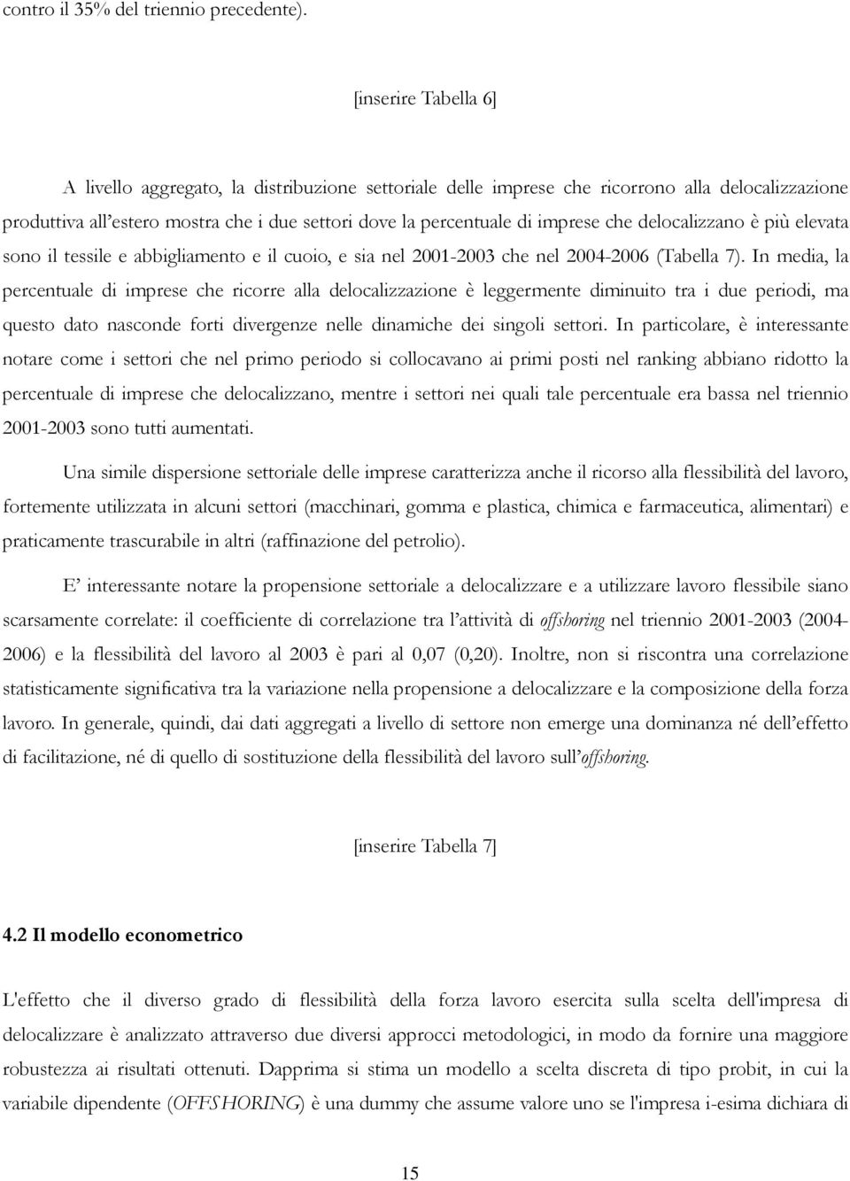 che delocalizzano è più elevata sono il tessile e abbigliamento e il cuoio, e sia nel 2001-2003 che nel 2004-2006 (Tabella 7).