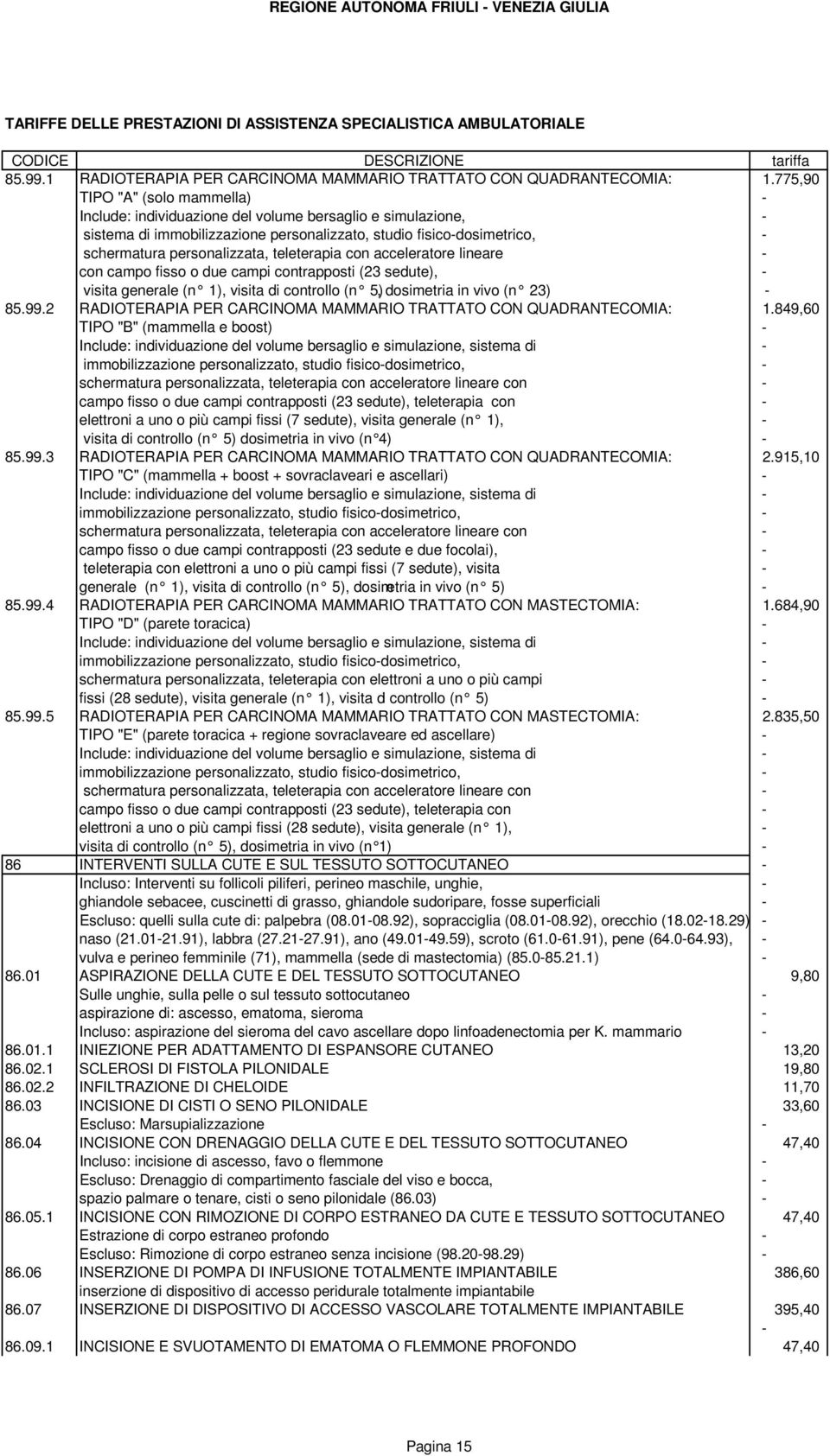 teleterapia con acceleratore lineare - con campo fisso o due campi contrapposti (23 sedute), - visita generale (n 1), visita di controllo (n 5), dosimetria in vivo (n 23) - 85.99.