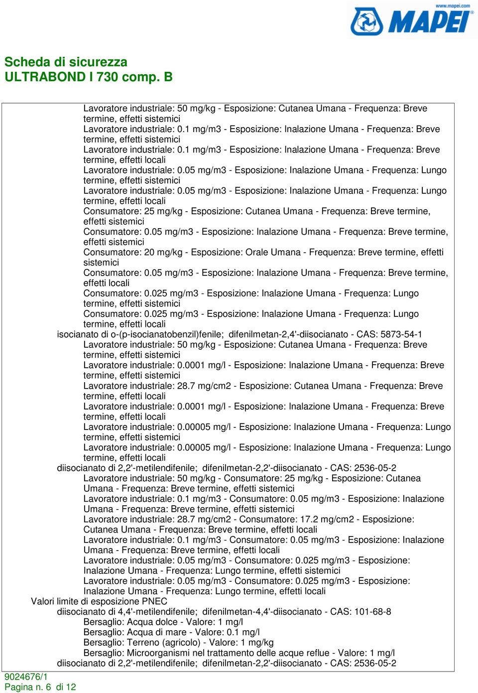 05 mg/m3 - Esposizione: Inalazione Umana - Frequenza: Lungo termine, effetti locali Consumatore: 25 mg/kg - Esposizione: Cutanea Umana - Frequenza: Breve termine, effetti sistemici Consumatore: 0.