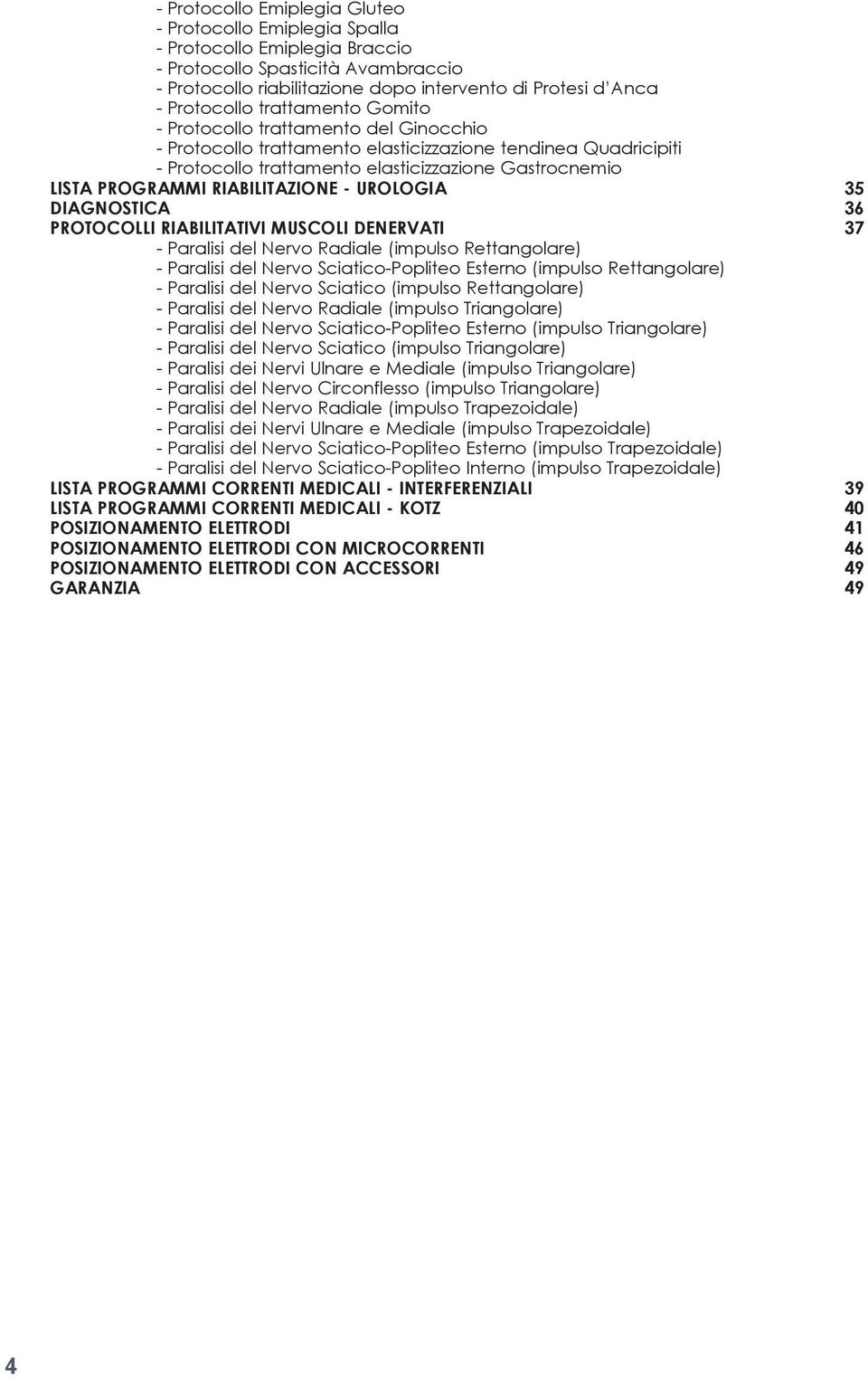 PROGRAMMI RIABILITAZIONE - UROLOGIA 35 DIAGNOSTICA 36 PROTOCOLLI RIABILITATIVI MUSCOLI DENERVATI 37 - Paralisi del Nervo Radiale (impulso Rettangolare) - Paralisi del Nervo Sciatico-Popliteo Esterno