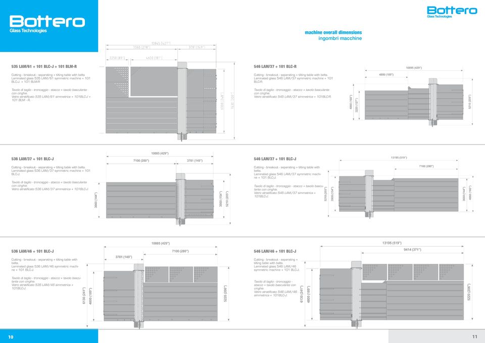 Laminated glass 546 LAM/37 symmetric machine + 101 BLC-R. Vetro stratificato 545 LAM/37 simmetrica + 101BLC-R. 536 LAM/37 + 101 BLC-J Cutting - breakout - separating + tilting table with belts.