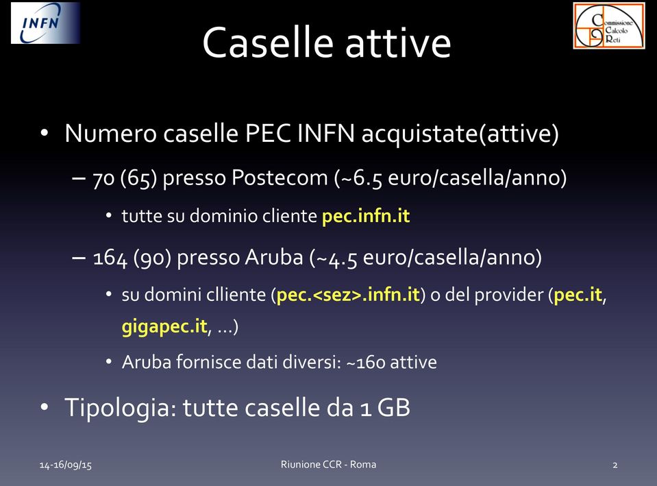 5 euro/casella/anno) su domini clliente (pec.<sez>.infn.it) o del provider (pec.it, gigapec.