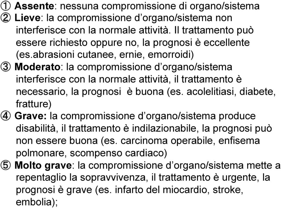 abrasioni cutanee, ernie, emorroidi) 3 Moderato: la compromissione d organo/sistema interferisce con la normale attività, il trattamento è necessario, la prognosi è buona (es.