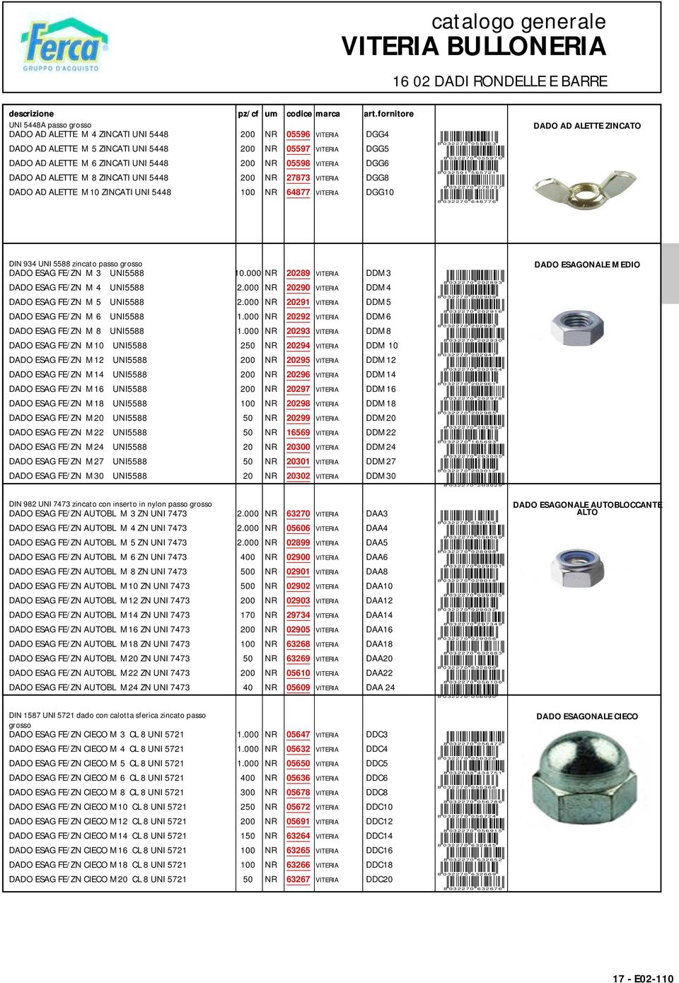 05598 VITERIA DGG6 DADO AD ALETTE M 8 ZINCATI UNI 5448 200 NR 27873 VITERIA DGG8 DADO AD ALETTE M10 ZINCATI UNI 5448 100 NR 64877 VITERIA DGG10 8 0 3 2 2 7 0 0 5 5 9 6 3 8 0 3 2 2 7 0 0 5 5 9 7 0 8 0