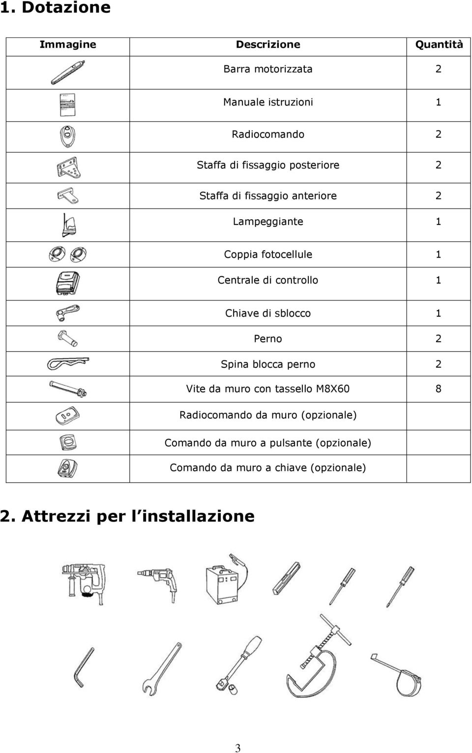 1 Chiave di sblocco 1 Perno 2 Spina blocca perno 2 Vite da muro con tassello M8X60 8 Radiocomando da muro