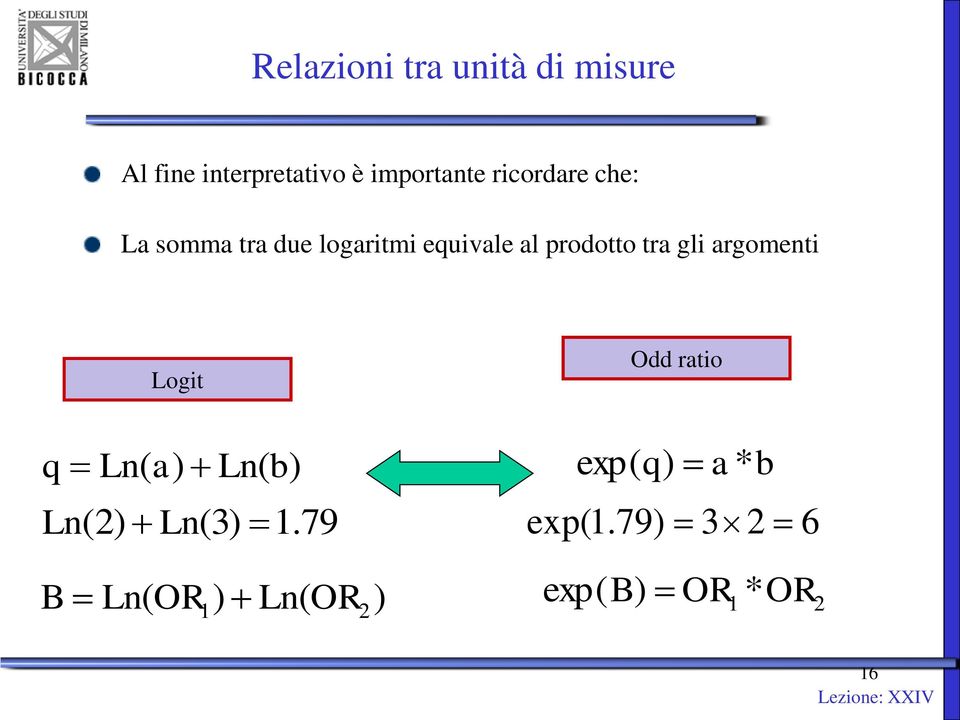 gli argomenti Logit Odd ratio q Ln( a) Ln( b) exp( q ) a* b Ln( 2)