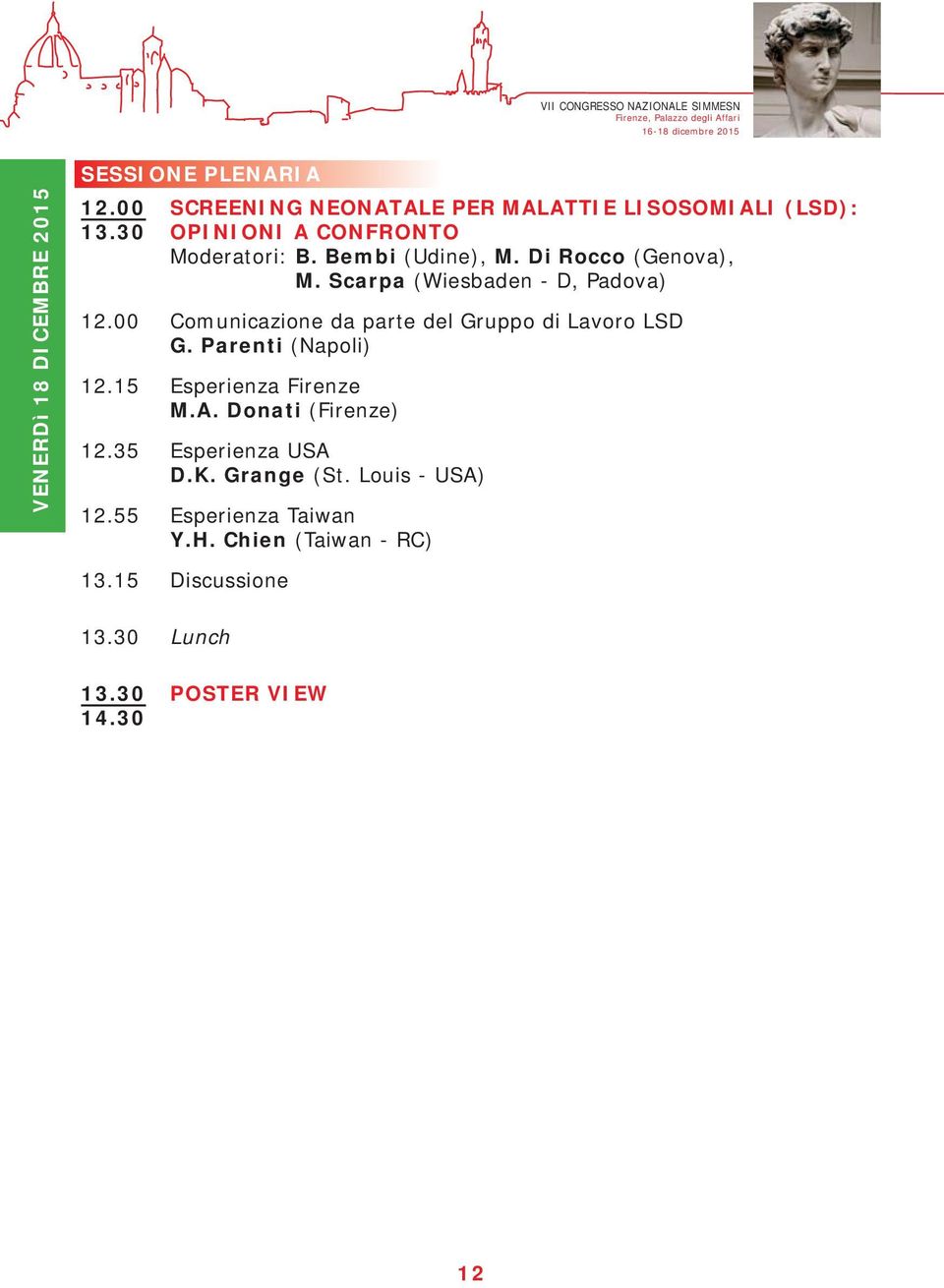 00 Comunicazione da parte del Gruppo di Lavoro LSD G. Parenti (Napoli) 12.15 Esperienza Firenze M.A. Donati (Firenze) 12.