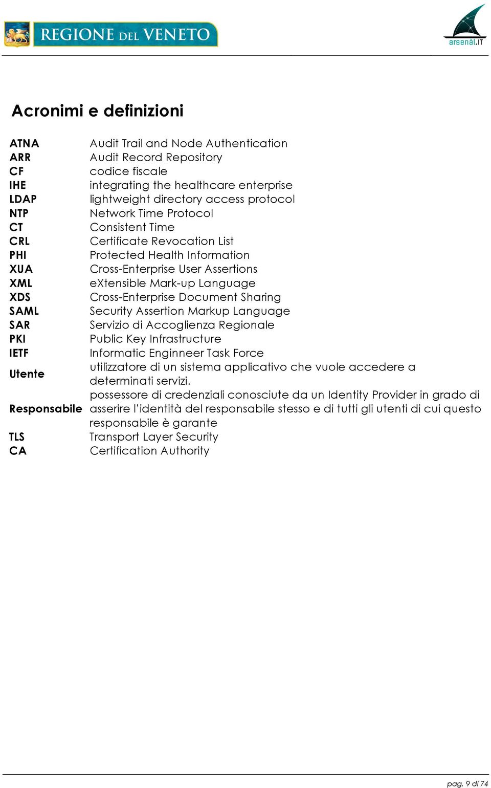 Assertions extensible Mark-up Language Cross-Enterprise Document Sharing Security Assertion Markup Language Servizio di Accoglienza Regionale Public Key Infrastructure Informatic Enginneer Task Force