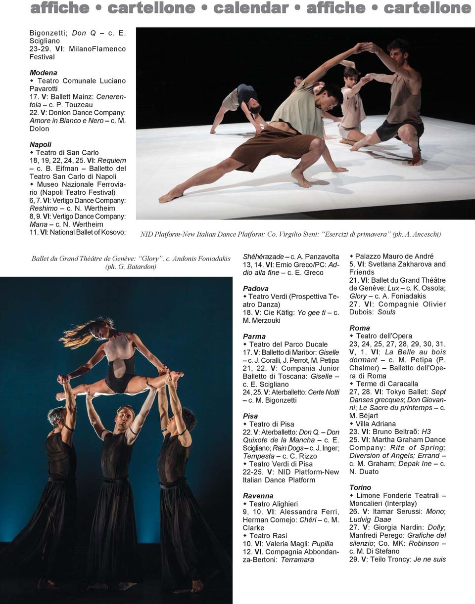 VI: Vertigo Dance Company: Reshimo c. N. Wertheim 8, 9. VI: Vertigo Dance Company: Mana c. N. Wertheim 11. VI: National Ballet of Kosovo: NID Platform-New Italian Dance Platform: Co.