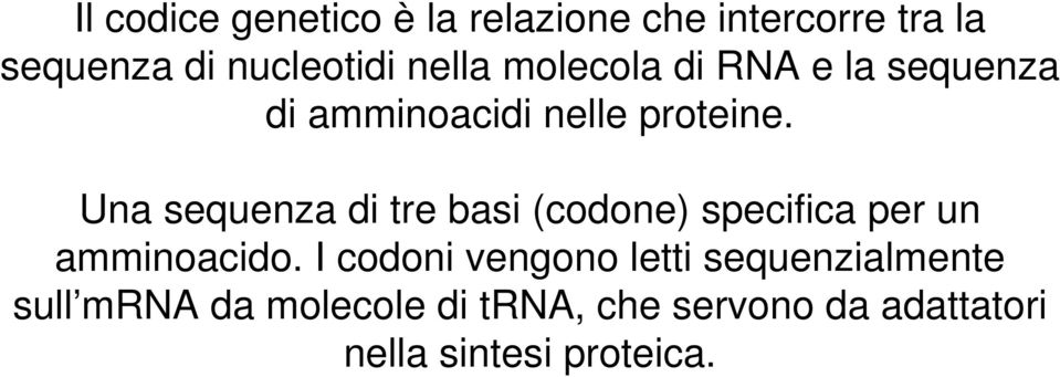 Una sequenza di tre basi (codone) specifica per un amminoacido.