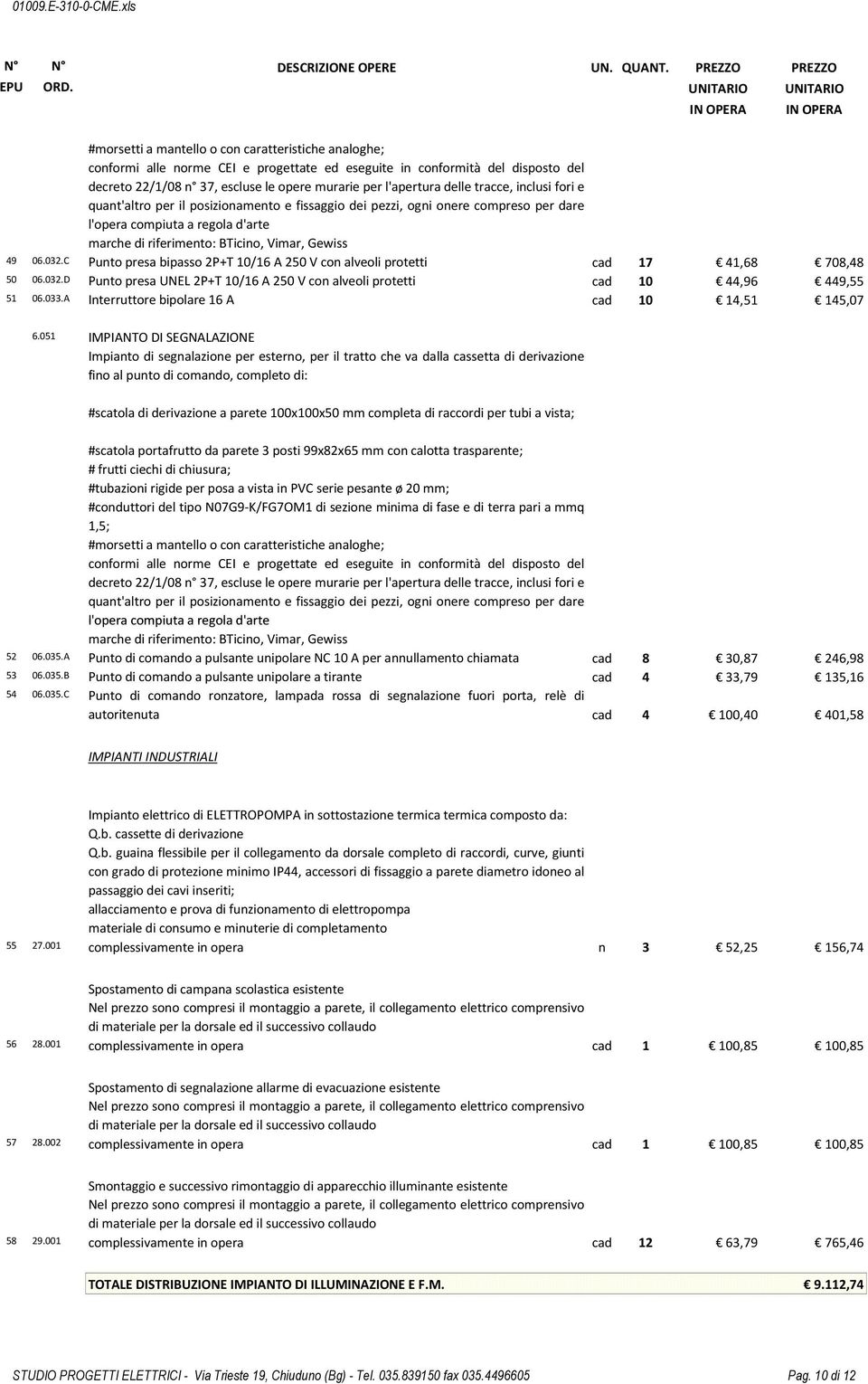 051 IMPIANTO DI SEGNALAZIONE Impianto di segnalazione per esterno, per il tratto che va dalla cassetta di derivazione fino al punto di comando, completo di: #scatola di derivazione a parete