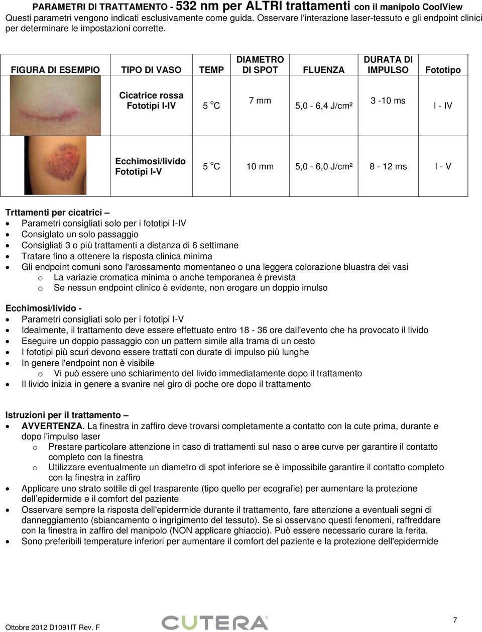 FIGURA DI ESEMPIO TIPO DI VASO TEMP DIAMETRO DI SPOT FLUENZA DURATA DI IMPULSO Fototipo Cicatrice rossa Fototipi I-IV 7 mm 5,0-6,4 J/cm² 3-10 ms I - IV Ecchimosi/livido Fototipi I-V 10 mm 5,0-6,0