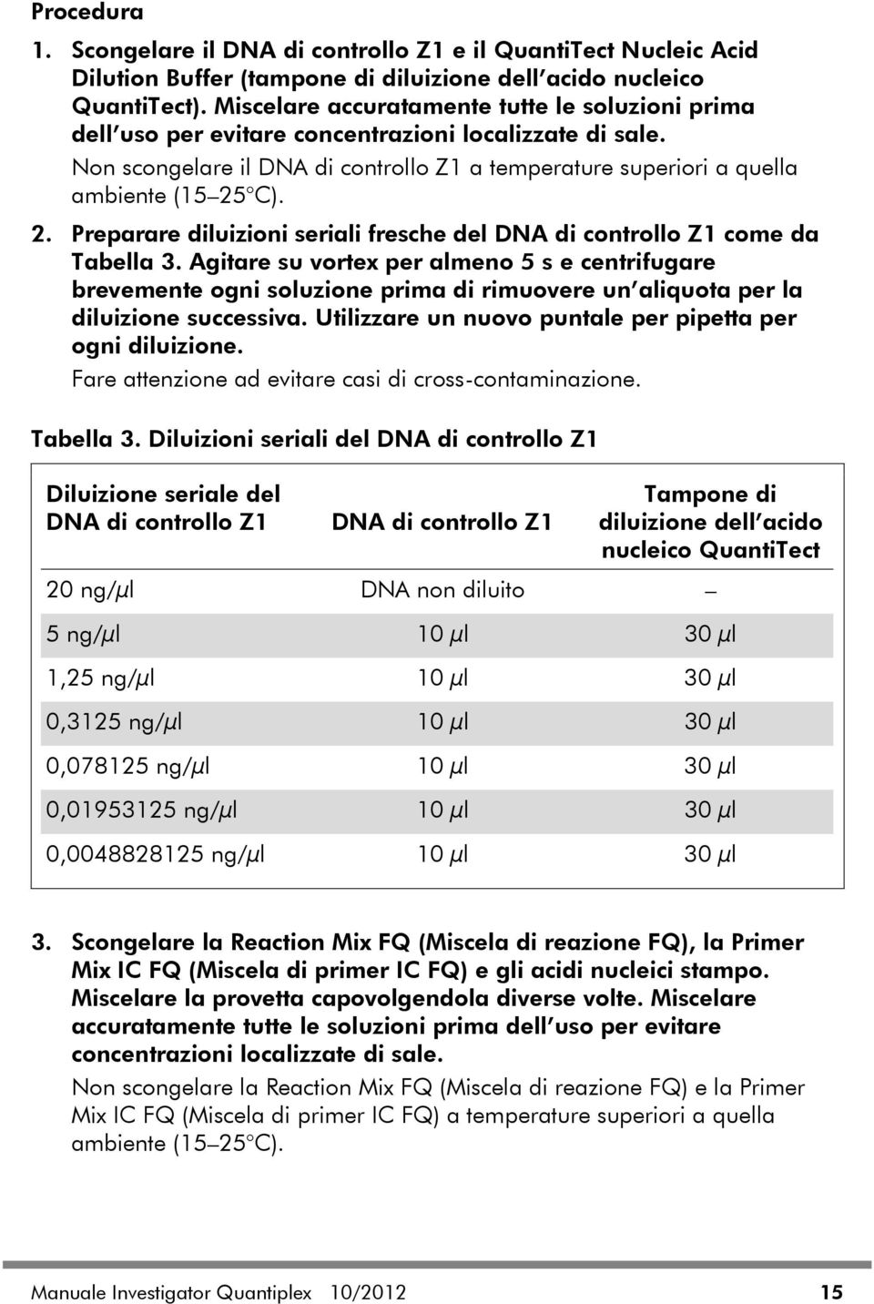 C). 2. Preparare diluizioni seriali fresche del DNA di controllo Z1 come da Tabella 3.