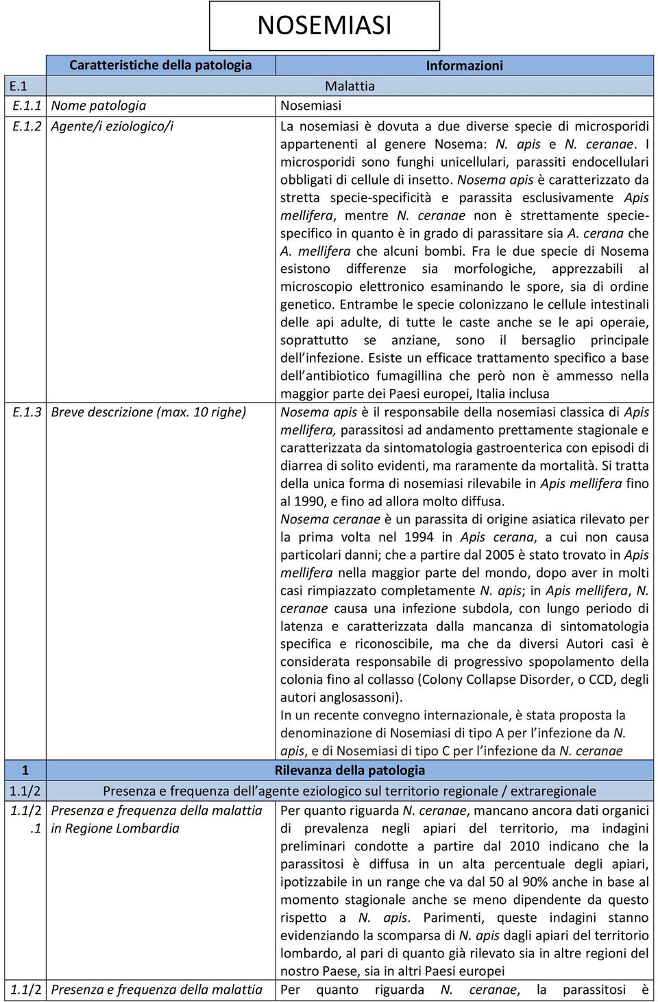 Nosema apis è caratterizzato da stretta specie-specificità e parassita esclusivamente Apis mellifera, mentre N. ceranae non è strettamente speciespecifico in quanto è in grado di parassitare sia A.