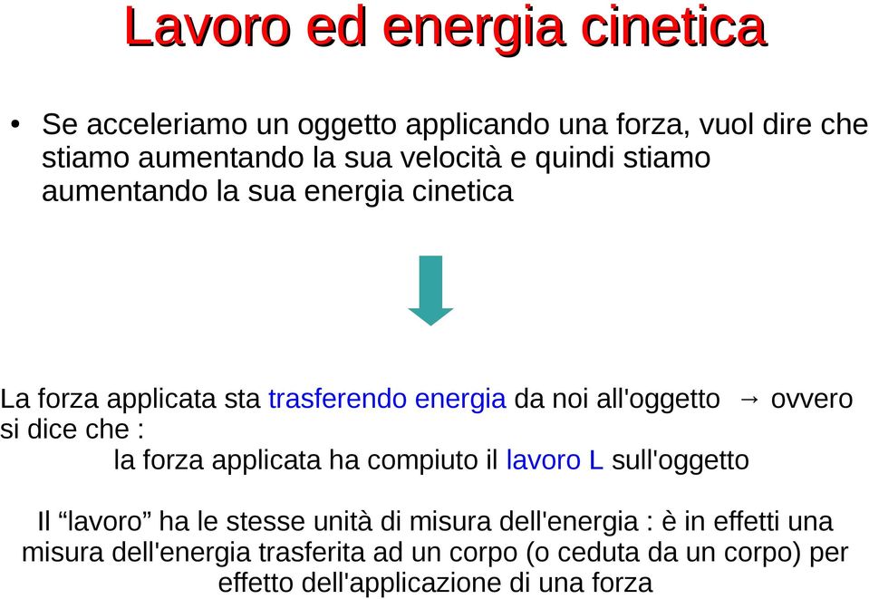 dice che : la forza applicata ha compiuto il lavoro L sull'oggetto Il lavoro ha le stesse unità di misura dell'energia : è