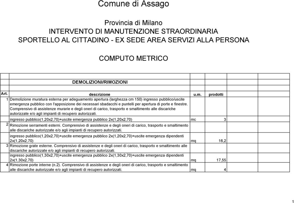 Comprensivo di assistenze murarie e degli oneri di carico, trasporto e smaltimento alle discariche autorizzate e/o agli impianti di recupero autorizzati.