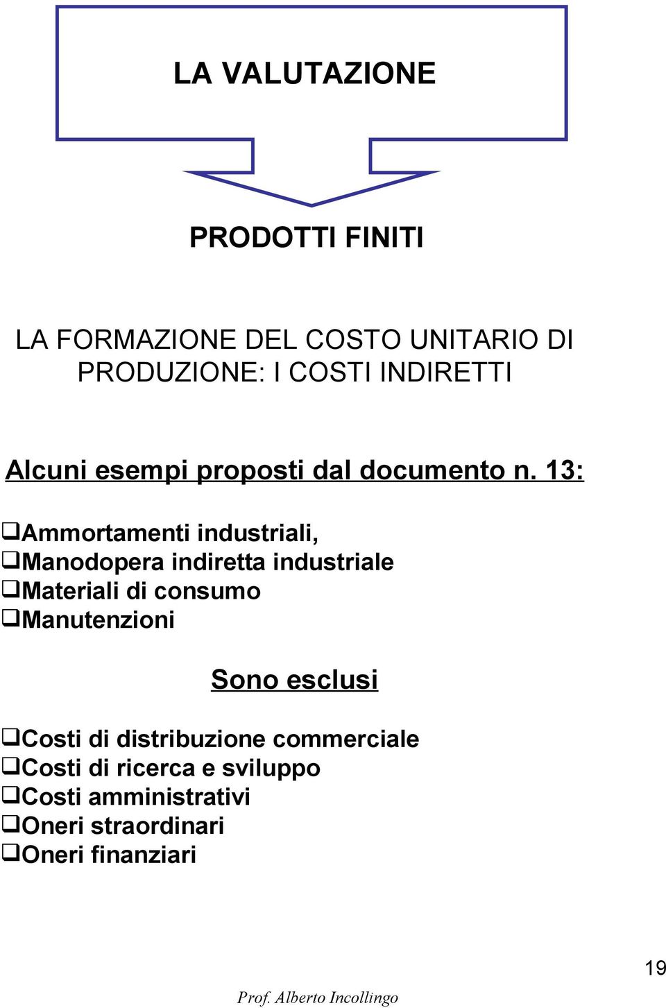 13: Ammortamenti industriali, Manodopera indiretta industriale Materiali di consumo