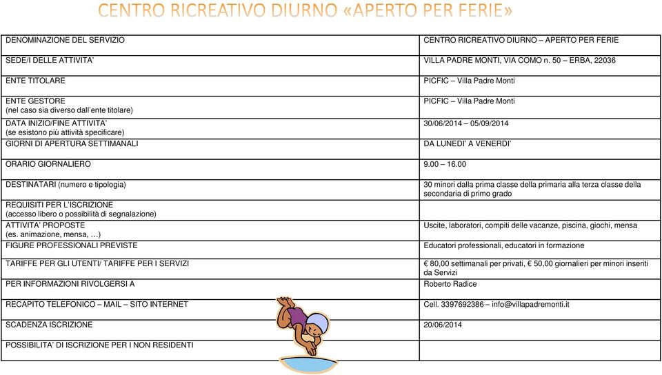 00 RECAPITO TELEFONICO MAIL SITO INTERNET 30 minori dalla prima classe della primaria alla terza classe della secondaria di primo grado Uscite, laboratori,