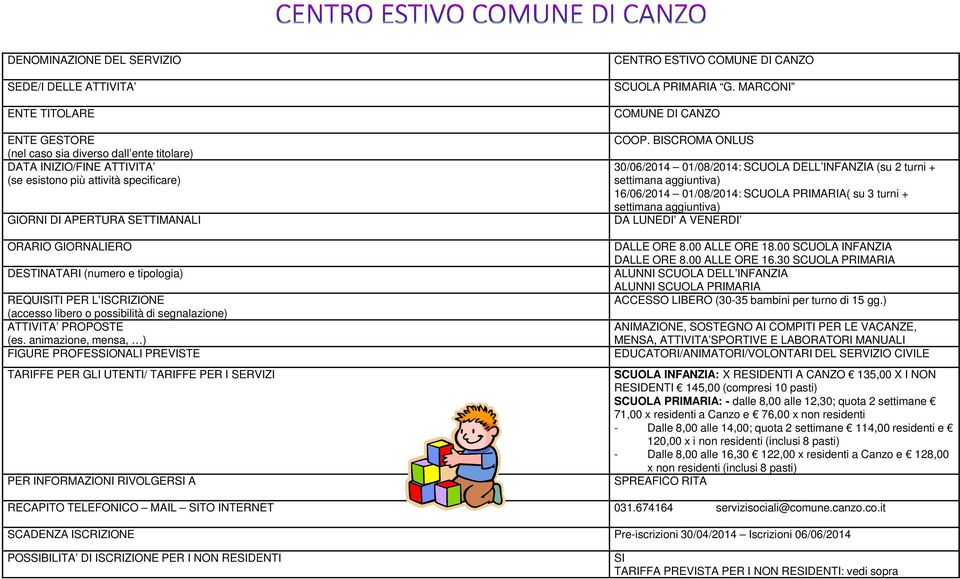 8.00 ALLE ORE 18.00 SCUOLA INFANZIA DALLE ORE 8.00 ALLE ORE 16.30 SCUOLA PRIMARIA ALUNNI SCUOLA DELL INFANZIA ALUNNI SCUOLA PRIMARIA ACCESSO LIBERO (30-35 bambini per turno di 15 gg.