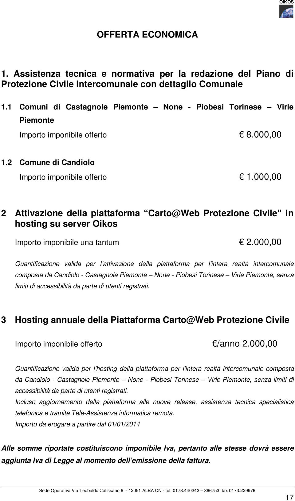 000,00 2 Attivazione della piattaforma Carto@Web Protezione Civile in hosting su server Oikos Importo imponibile una tantum 2.