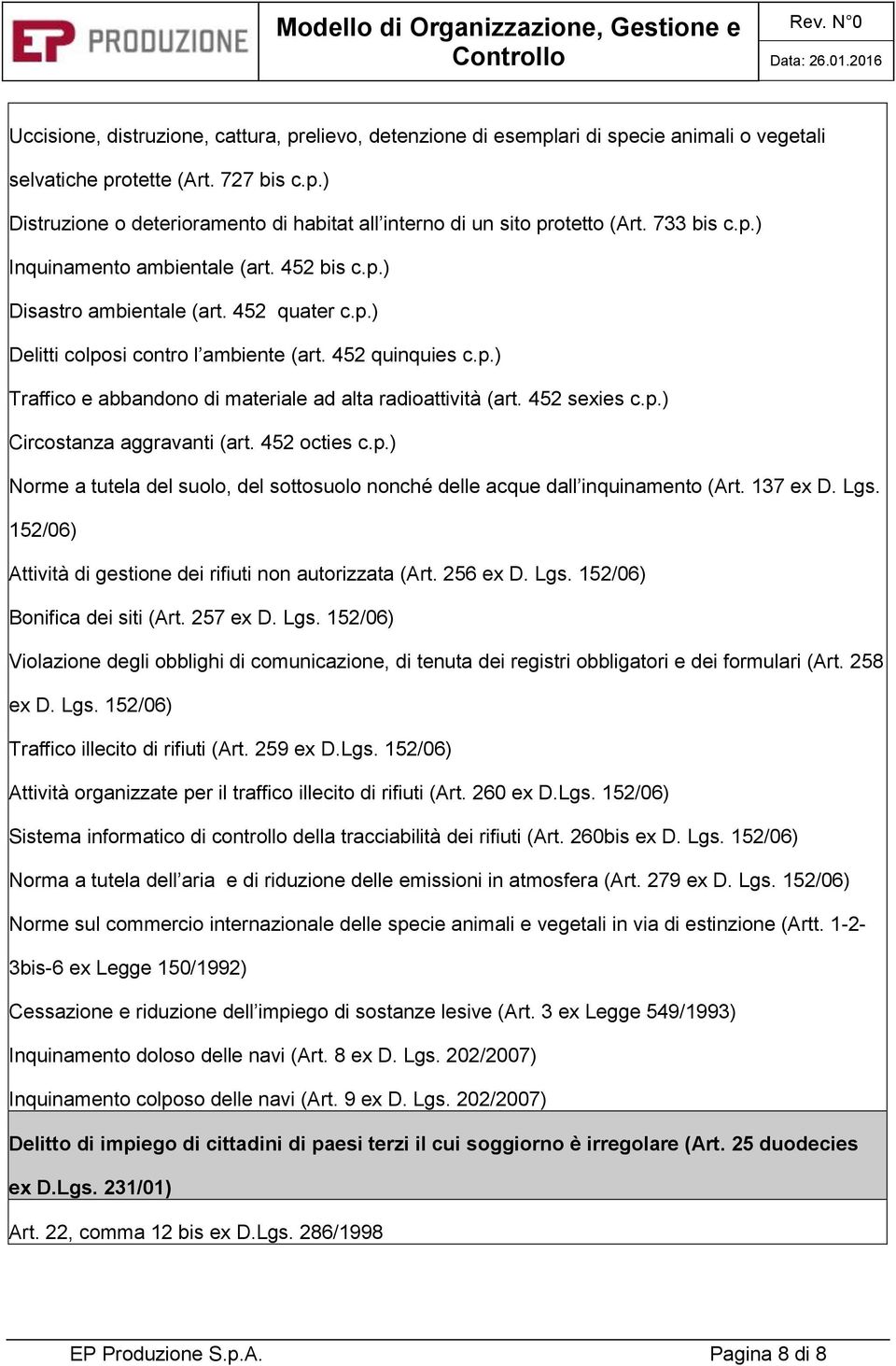 452 sexies c.p.) Circostanza aggravanti (art. 452 octies c.p.) Norme a tutela del suolo, del sottosuolo nonché delle acque dall inquinamento (Art. 137 ex D. Lgs.