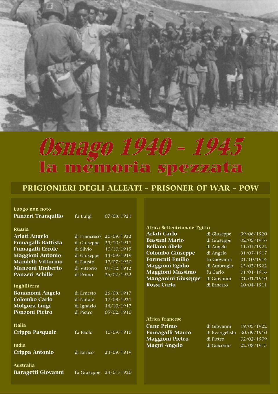 Inghilterra Bonanomi Angelo di Ernesto 26/08/1917 Colombo Carlo di Natale 17/08/1921 Molgora Luigi di Ignazio 14/10/1917 Ponzoni Pietro di Pietro 05/02/1910 Italia Crippa Pasquale fu Paolo 10/09/1910