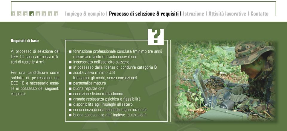 formazione professionale conclusa (minimo tre anni), maturità o titolo di studio equivalente incorporato nell esercito svizzero in possesso della licenza di condurre categoria B acuità visiva minimo