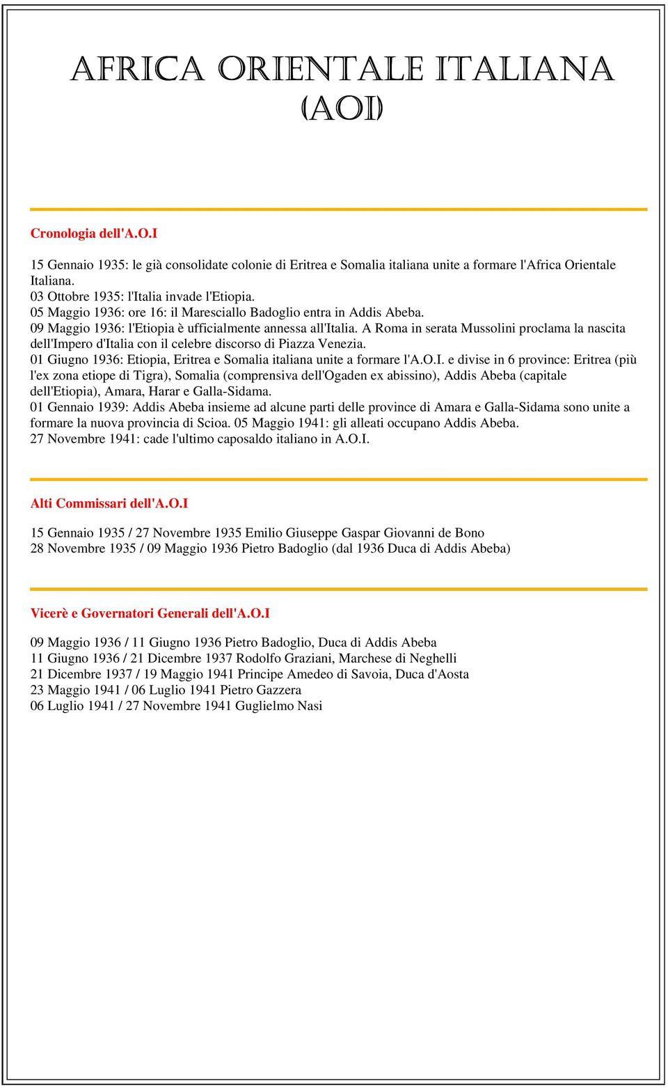 A Roma in serata Mussolini proclama la nascita dell'impero d'italia con il celebre discorso di Piazza Venezia. 01 Giugno 1936: Etiopia, Eritrea e Somalia italiana unite a formare l'a.o.i. e divise in 6 province: Eritrea (più l'ex zona etiope di Tigra), Somalia (comprensiva dell'ogaden ex abissino), Addis Abeba (capitale dell'etiopia), Amara, Harar e Galla-Sidama.