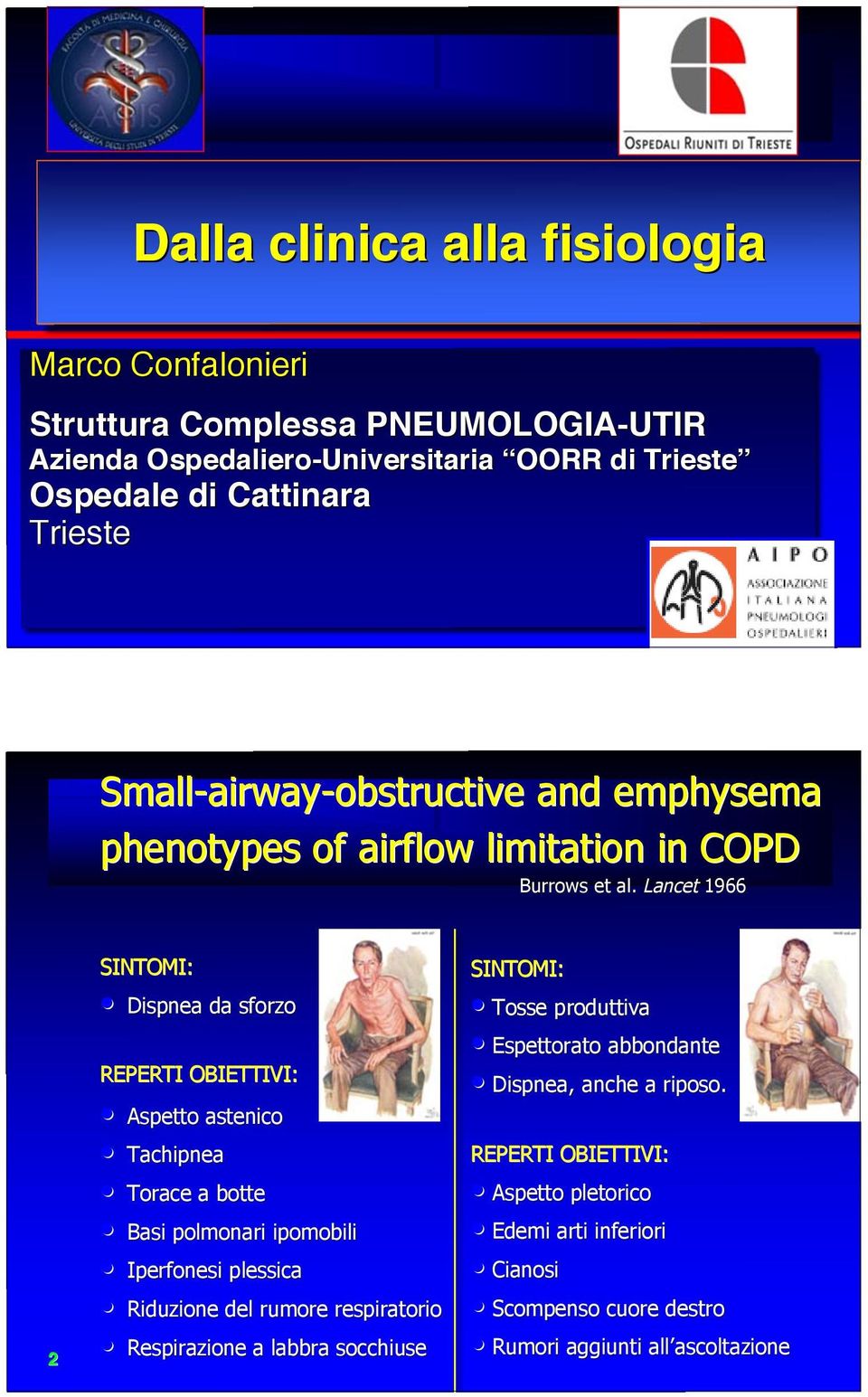 Lancet 1966 2 SINTOMI: Dispnea da sforzo REPERTI OBIETTIVI: Aspetto astenico Tachipnea Torace a botte Basi polmonari ipomobili Iperfonesi plessica Riduzione del rumore