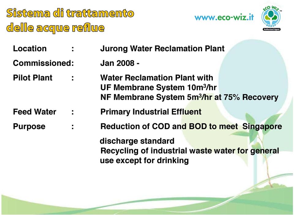 /hr at 75% Recovery Feed Water : Primary Industrial Effluent Purpose : Reduction of COD and BOD to