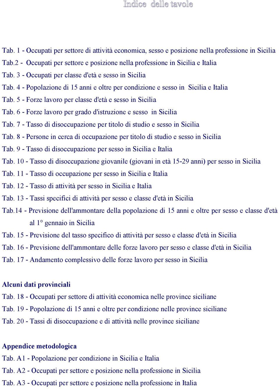 4 - Popolazione di 15 anni e oltre per condizione e sesso in Sicilia e Italia Tab. 5 - Forze lavoro per classe d'età e sesso in Sicilia Tab.