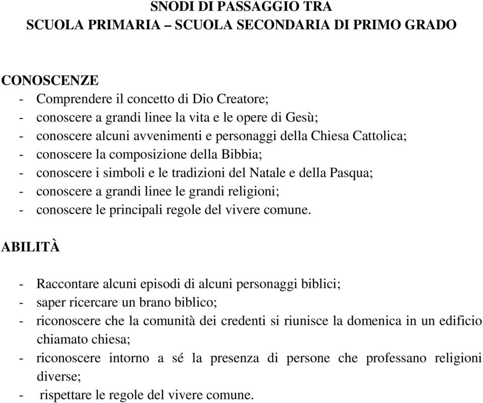 grandi religioni; - conoscere le principali regole del vivere comune.