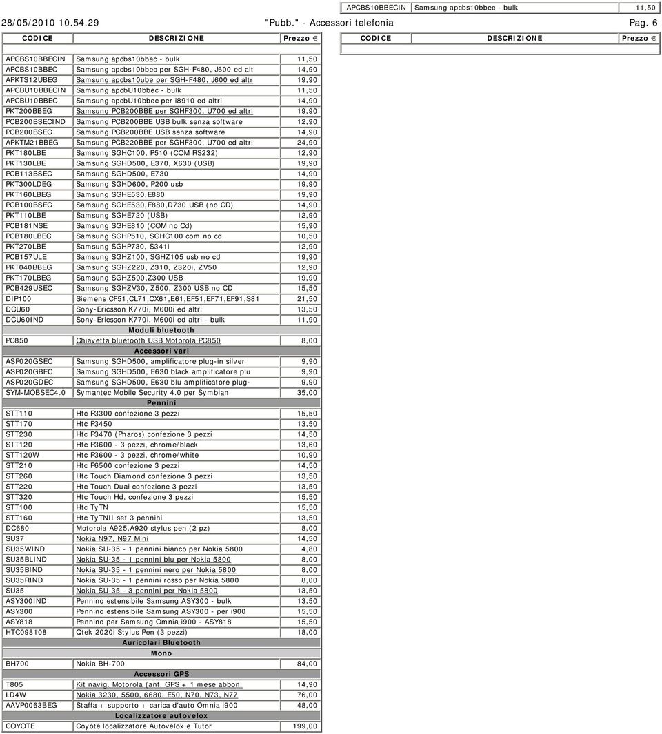 apcbu10bbec - bulk 11,50 APCBU10BBEC Samsung apcbu10bbec per i8910 ed altri 14,90 PKT200BBEG Samsung PCB200BBE per SGHF300, U700 ed altri 19,90 PCB200BSECIND Samsung PCB200BBE USB bulk senza software