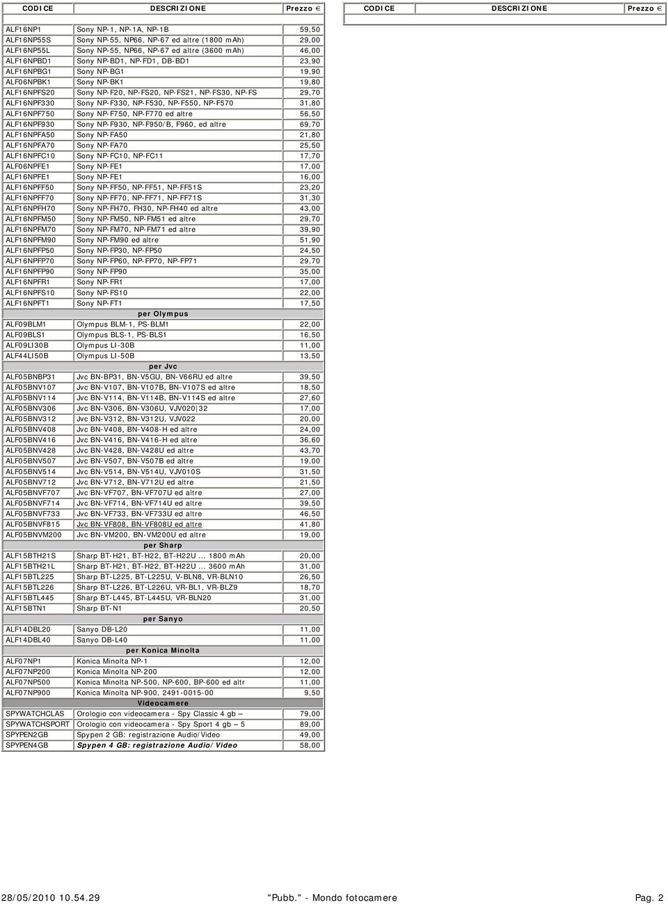 Sony NP-F750, NP-F770 ed altre 56,50 ALF16NPF930 Sony NP-F930, NP-F950/B, F960, ed altre 69,70 ALF16NPFA50 Sony NP-FA50 21,80 ALF16NPFA70 Sony NP-FA70 25,50 ALF16NPFC10 Sony NP-FC10, NP-FC11 17,70