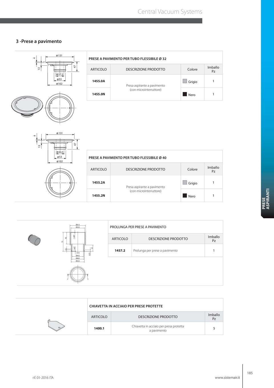 2A Grigio 1 Presa aspirante a pavimento (con microinterruttore) 1455.2N Nero 1 PRESE ASPIRANTI Ø61.5 Ø53.5 PROLUNGA PER PRESE A PAVIMENTO 75 3.