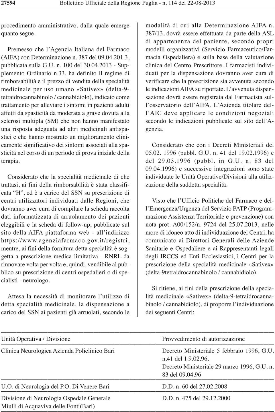 33, ha definito il regime di rimborsabilità e il prezzo di vendita della specialità medicinale per uso umano «Sativex» (delta-9- tetraidrocannabinolo / cannabidiolo), indicato come trattamento per