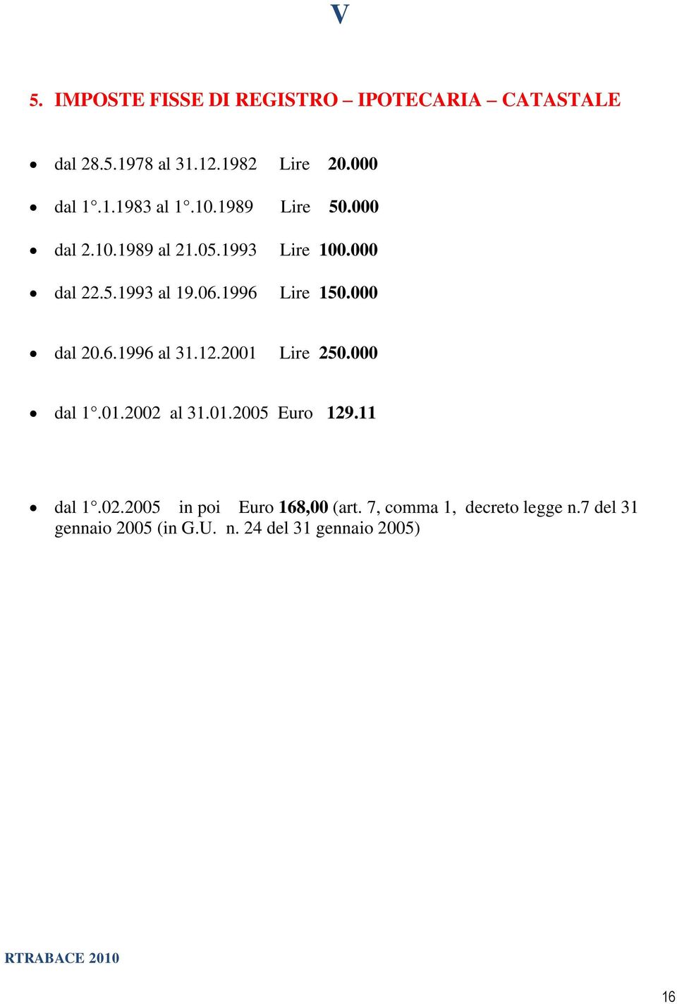 6.1996 al 31.12.2001 Lire 250.000 dal 1.01.2002 al 31.01.2005 Euro 129.11 dal 1.02.2005 in poi Euro 168,00 (art.