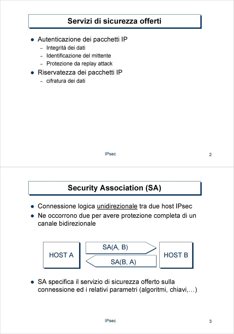 unidirezionale tra due host IPsec Ne occorrono due per avere protezione completa di un canale bidirezionale HOT A A(A, )