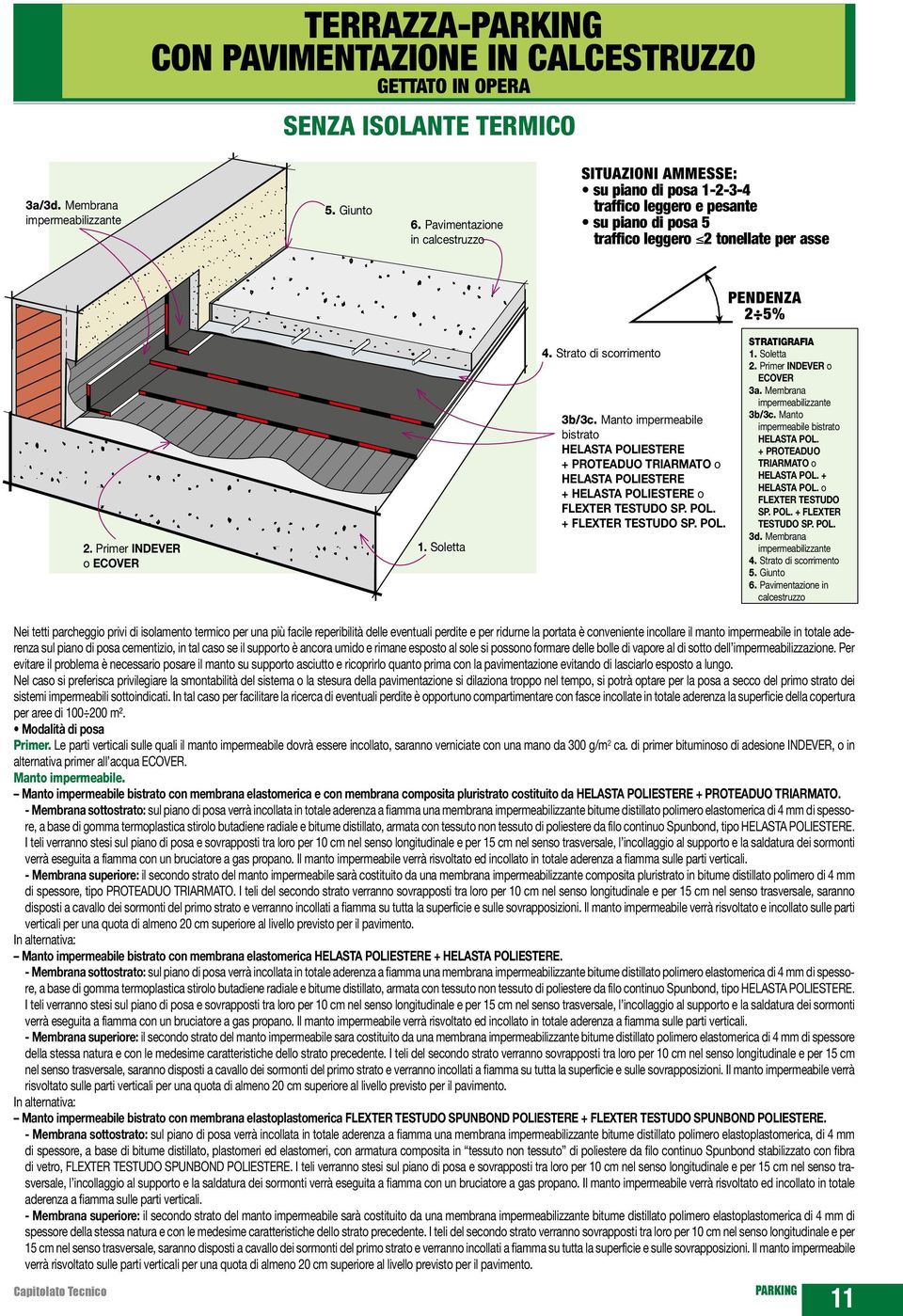 Primer INDEVER o ECOVER 1. Soletta 4. Strato di scorrimento 3b/3c. Manto impermeabile bistrato HELASTA POLIESTERE + PROTEADUO TRIARMATO o HELASTA POLIESTERE + HELASTA POLIESTERE o FLEXTER TESTUDO SP.