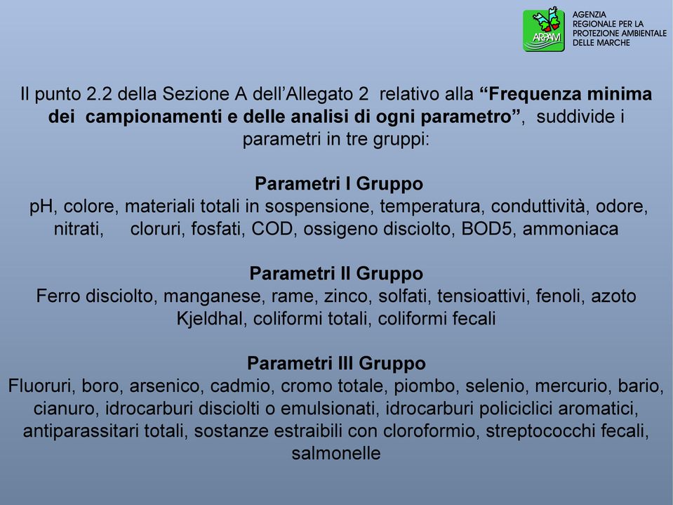 materiali totali in sospensione, temperatura, conduttività, odore, nitrati, cloruri, fosfati, COD, ossigeno disciolto, BOD5, ammoniaca Parametri II Gruppo Ferro disciolto, manganese,