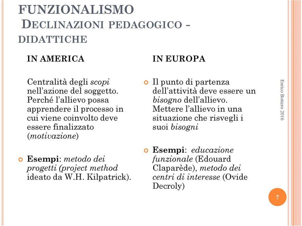 progetti (project method ideato da W.H. Kilpatrick). Il punto di partenza dell attività deve essere un bisogno dell allievo.