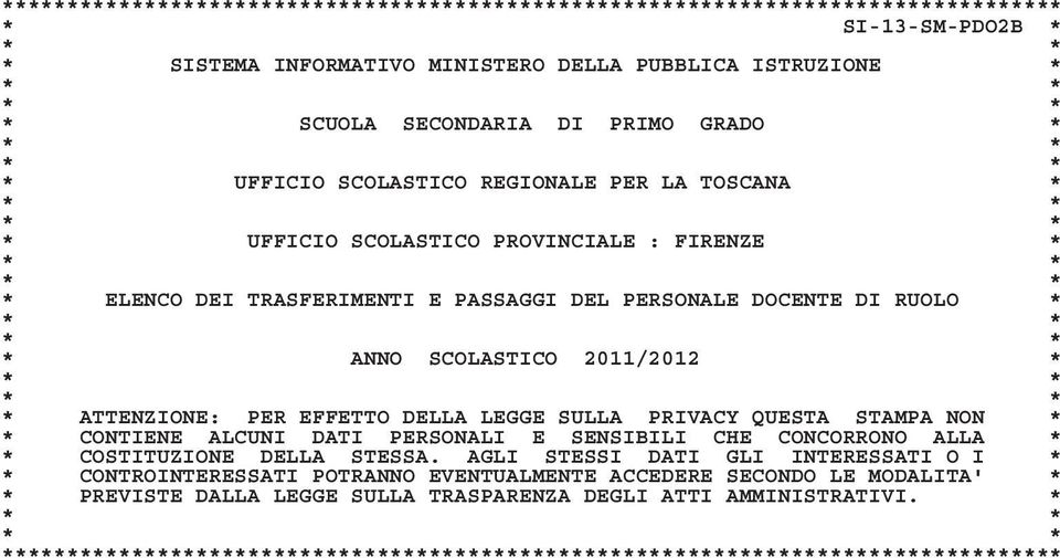 * * * * * * ANNO SCOLASTICO 2011/2012 * * * * * * ATTENZIONE: PER EFFETTO DELLA LEGGE SULLA PRIVACY QUESTA STAMPA NON * * CONTIENE ALCUNI DATI PERSONALI E SENSIBILI CHE CONCORRONO ALLA * *