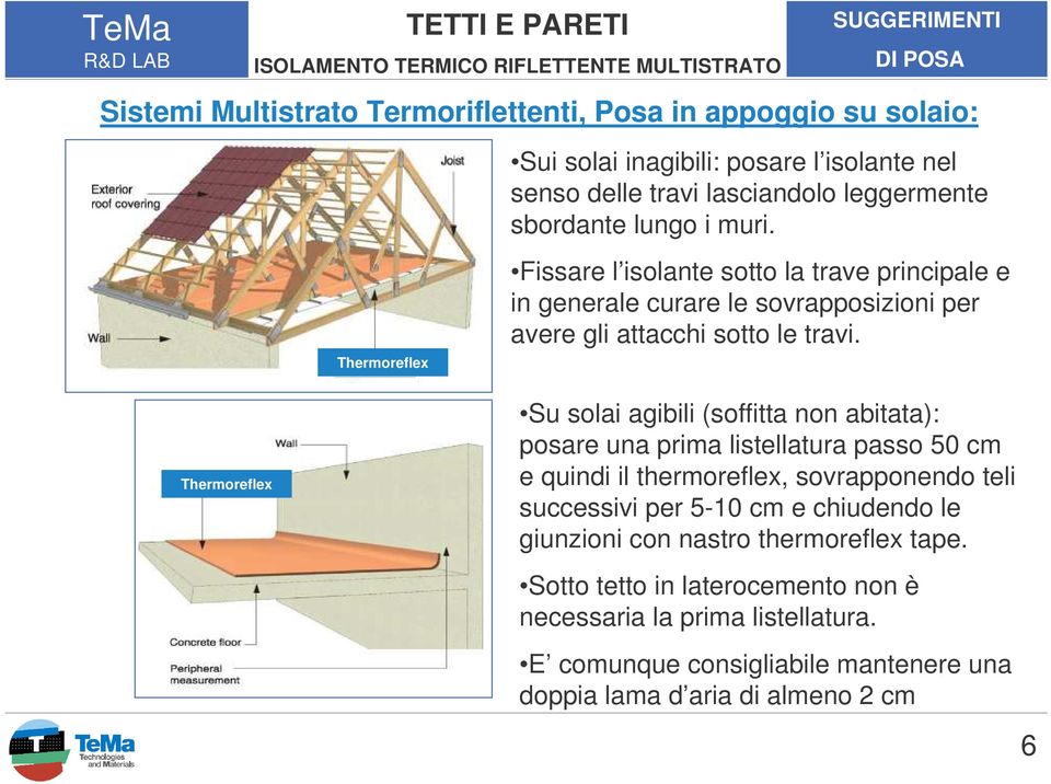 Su solai agibili (soffitta non abitata): posare una prima listellatura passo 50 cm e quindi il thermoreflex, sovrapponendo teli successivi per 5-10 cm e