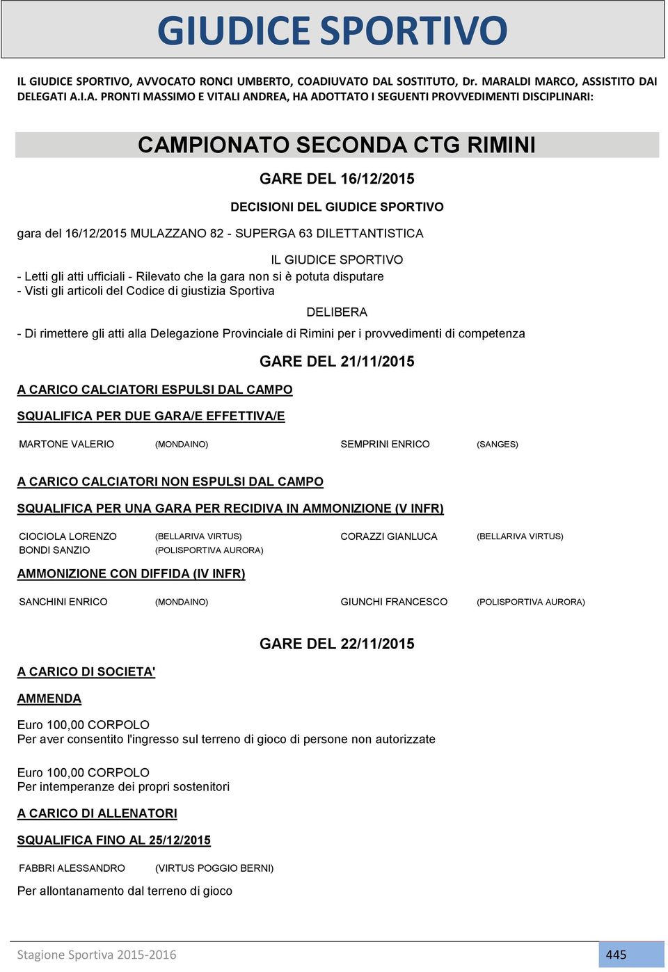 CTG RIMINI GARE DEL 16/12/2015 DECISIONI DEL GIUDICE SPORTIVO gara del 16/12/2015 MULAZZANO 82 - SUPERGA 63 DILETTANTISTICA IL GIUDICE SPORTIVO - Letti gli atti ufficiali - Rilevato che la gara non