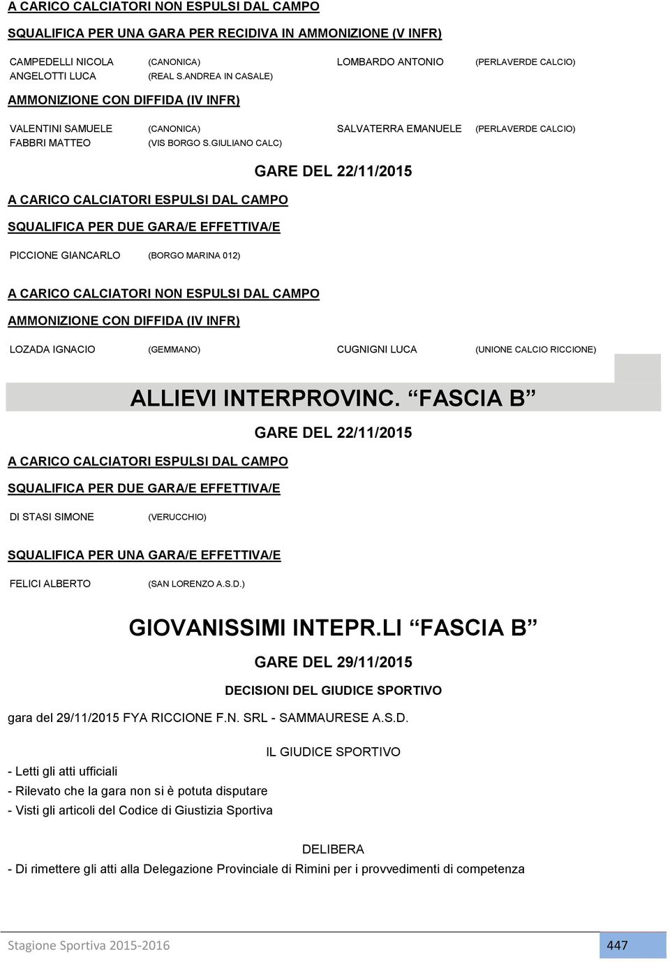 GIULIANO CALC) A CARICO CALCIATORI ESPULSI DAL CAMPO SQUALIFICA PER DUE GARA/E EFFETTIVA/E GARE DEL 22/11/2015 PICCIONE GIANCARLO (BORGO MARINA 012) A CARICO CALCIATORI NON ESPULSI DAL CAMPO