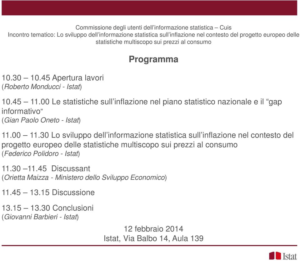 00 Le statistiche sull inflazione nel piano statistico nazionale e il gap informativo (Gian Paolo Oneto - Istat) 11.00 11.