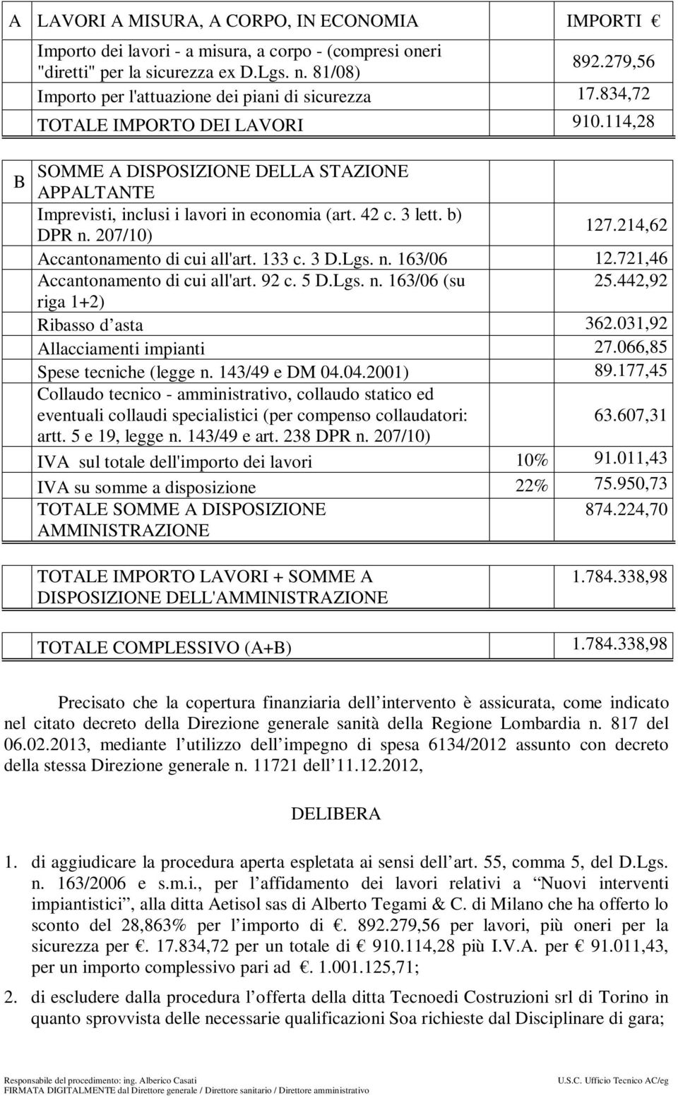 42 c. 3 lett. b) DPR n. 207/10) 127.214,62 Accantonamento di cui all'art. 133 c. 3 D.Lgs. n. 163/06 12.721,46 Accantonamento di cui all'art. 92 c. 5 D.Lgs. n. 163/06 (su 25.