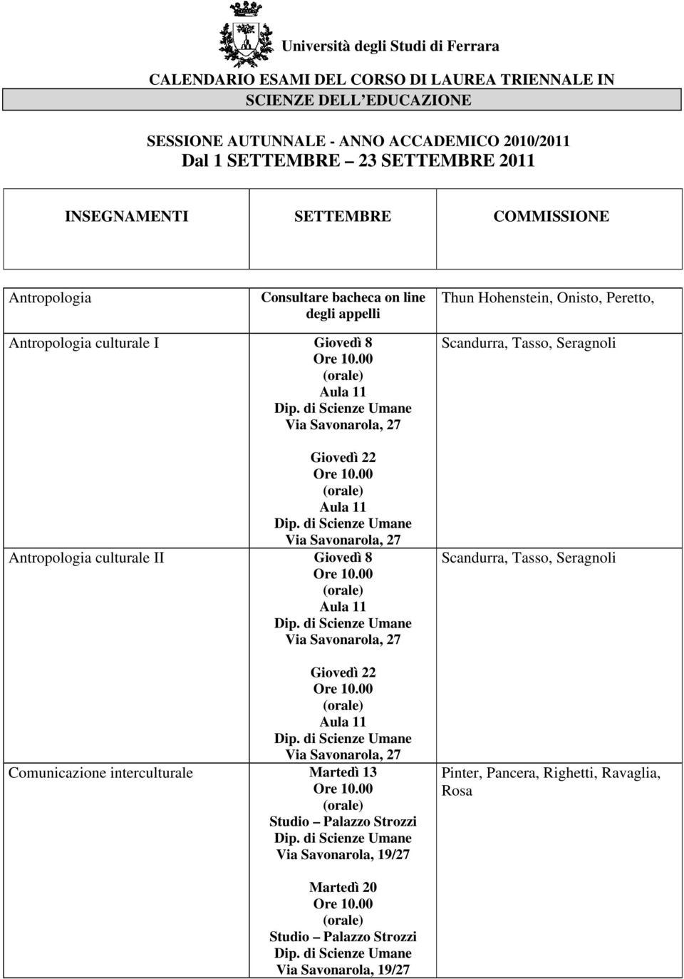 Hohenstein, Onisto, Peretto, Antropologia culturale I Giovedì 8 Giovedì 22 Antropologia culturale II Giovedì 8 Giovedì 22