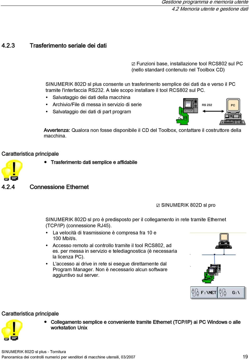 3 Trasferimento seriale dei dati Funzioni base, installazione tool RCS802 sul PC (nello standard contenuto nel Toolbox CD) SINUMERIK 802D sl plus consente un trasferimento semplice dei dati da e